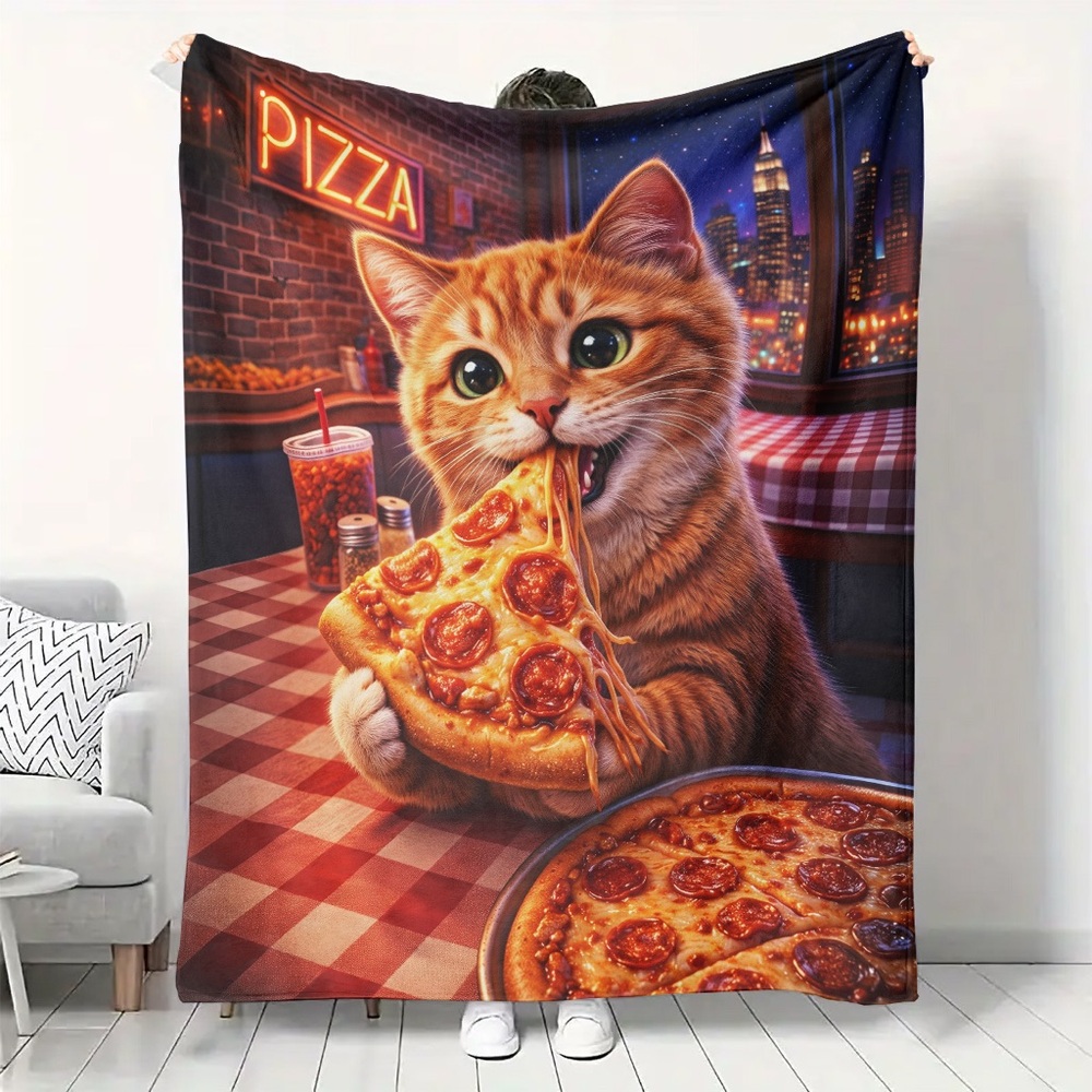 Cozy Orange Tabby Cat Pizza Print Throw Blanket 50x60